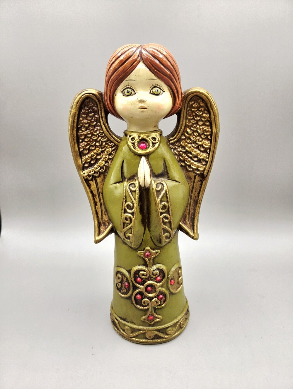 Ardco Vintage 1960 Green Paper Mache Angel, Gold Wings & Red Jewels, Japan